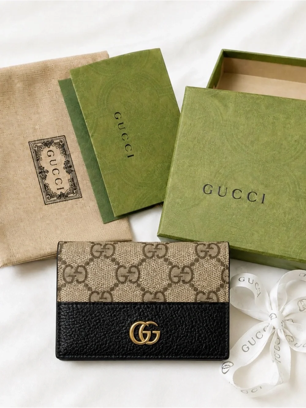 Gucci Beige GG Canvas and Black Leather Card Holder with Gold Double G